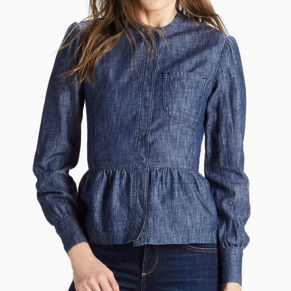 Lucky Brand Peplum Chambray Denim Button Down Blouse Shirt with Front Pocket